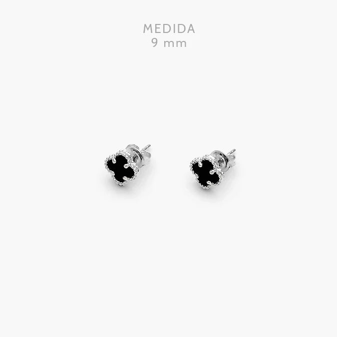 Broqueles Plata .925 Flor Trébol Negro