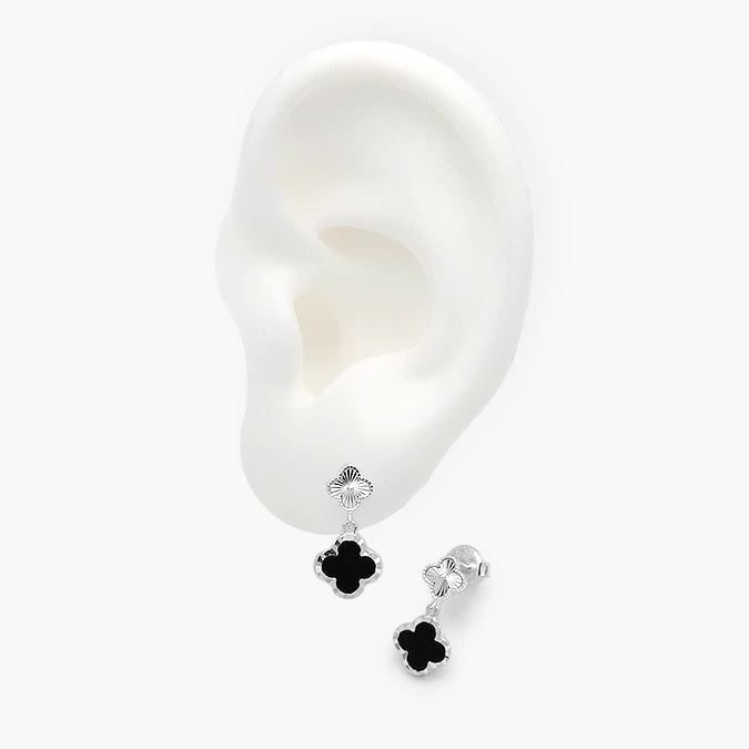 Broqueles Plata .925 Flor Trébol Negro