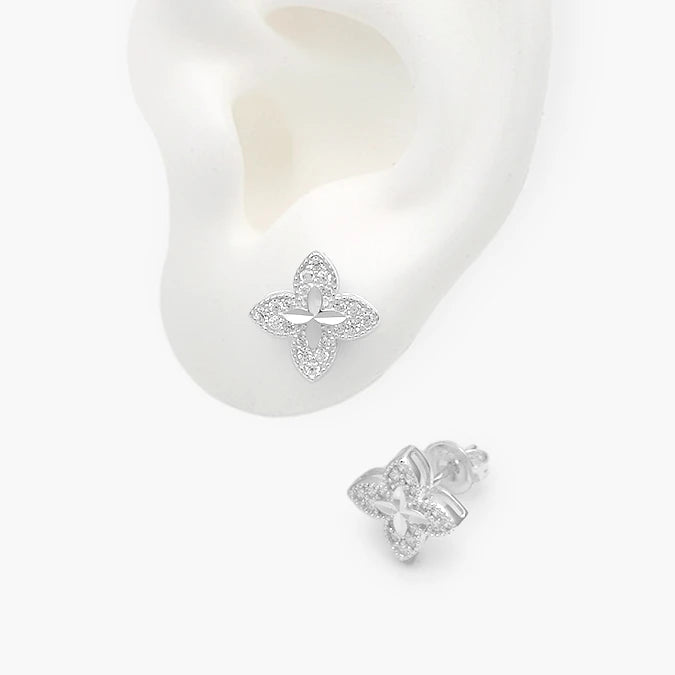 Broqueles Plata .925 Flor Trébol Zirconias Blancas