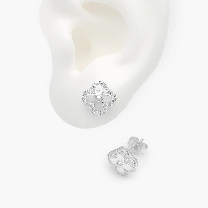 Broqueles Plata .925 Flor Tréboles Piedra Blanca