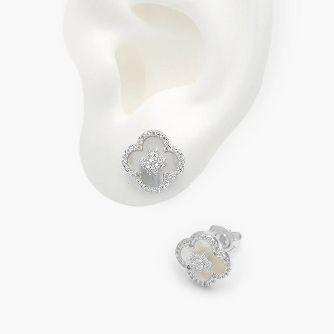 Broqueles Plata .925 Flor Trébol Madre Perla
