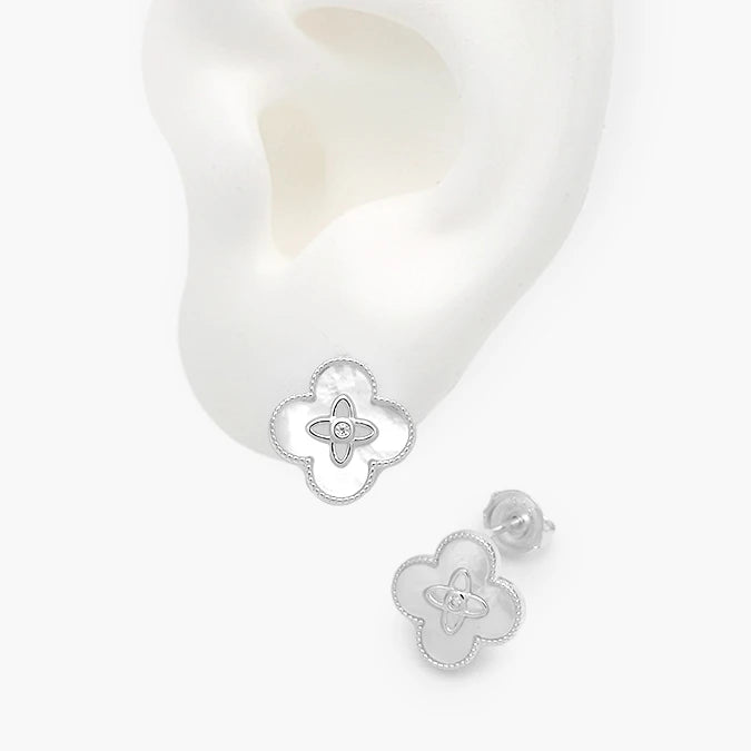 Broqueles Plata .925 Flor Trébol Madre Perla