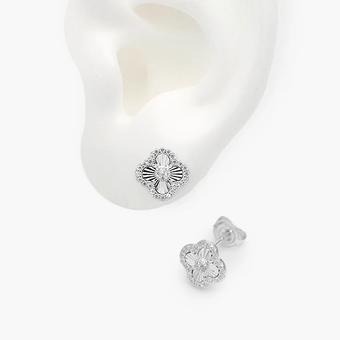 Broqueles Plata .925 Flor Trébol Piedras Blancas