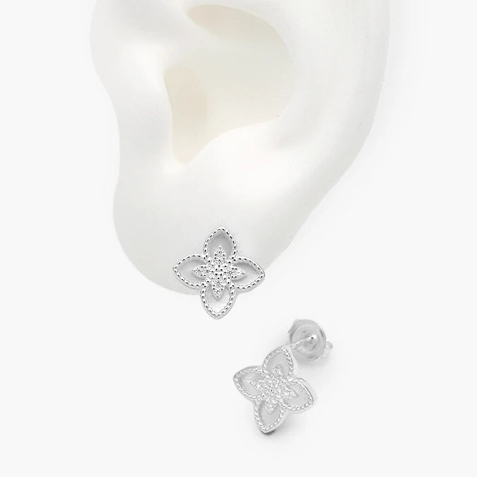 Broqueles Plata .925 Flor Trébol Blanco