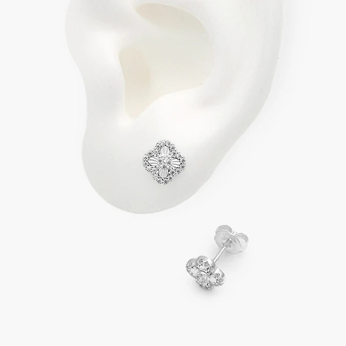 Broqueles Plata .925 Flor Trébol Zirconias Blancas