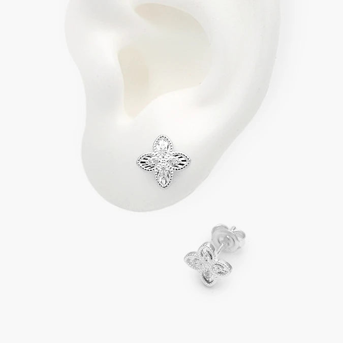 Broqueles Plata .925 Flor Trébol Piedra Blanca