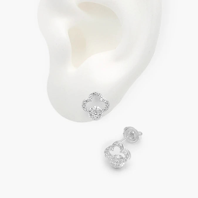 Broqueles Plata .925 Flor Trébol Zirconia Blanca