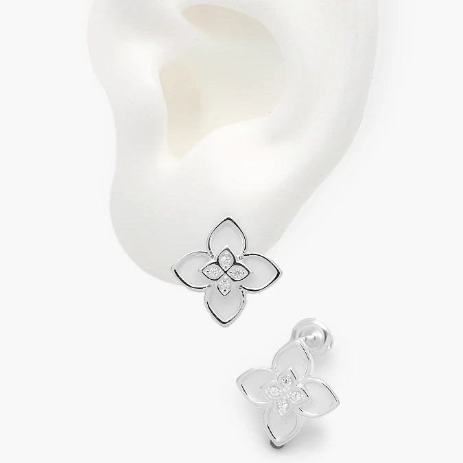 Aretes Plata .925 Flor Trébol Blanco