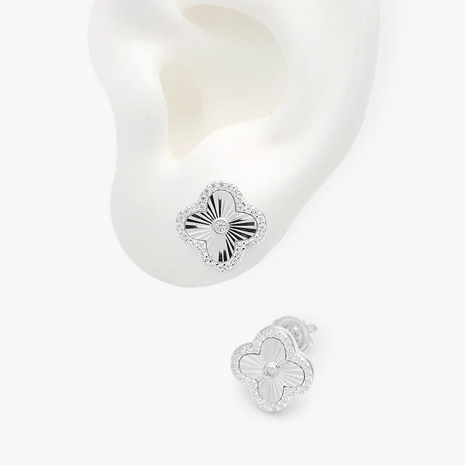 Broqueles Plata .925 Flor Trébol Piedra Blanca