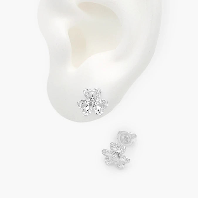 Broqueles Plata .925 Flor Trébol Zirconia Blanca
