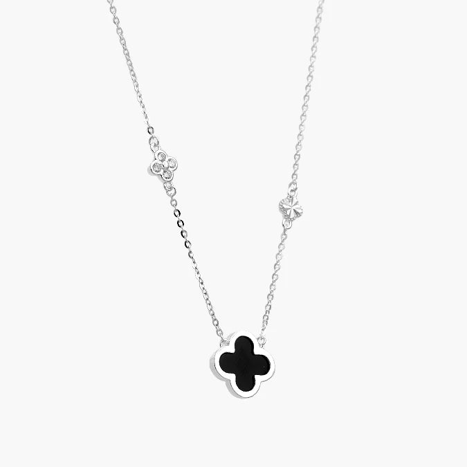 Collar Plata .925 Flores Trébol Negro