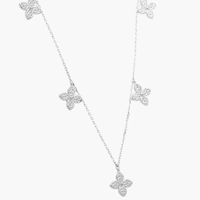 Collar Plata .925 Flores Trébol Piedra Blanca
