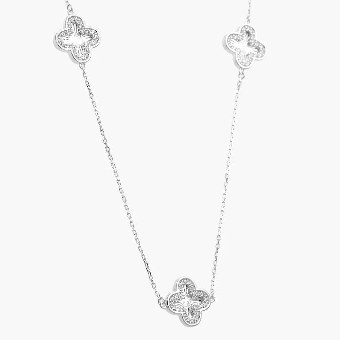 Collar Plata .925 Flores Trébol Piedra Blanca