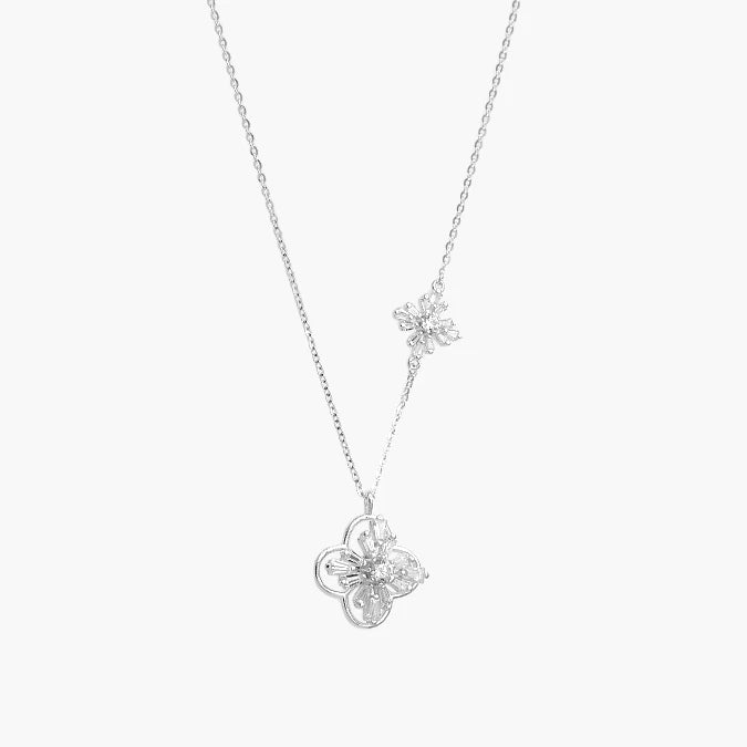 Collar Plata .925 Flores Trébol Piedra Blanca