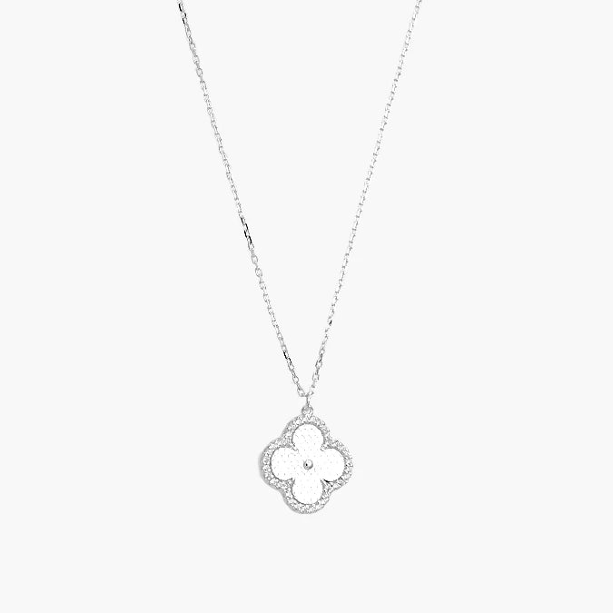 Collar Plata .925 Flor Trébol Piedra Blanca